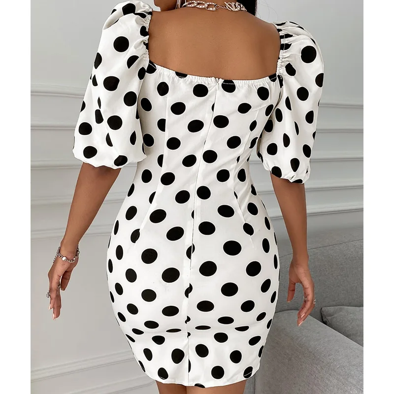 

2021 New Fashion Elegant Vintage Women Summer Dress Polka Dot Puff Sleeve Ruched Bodycon Dress
