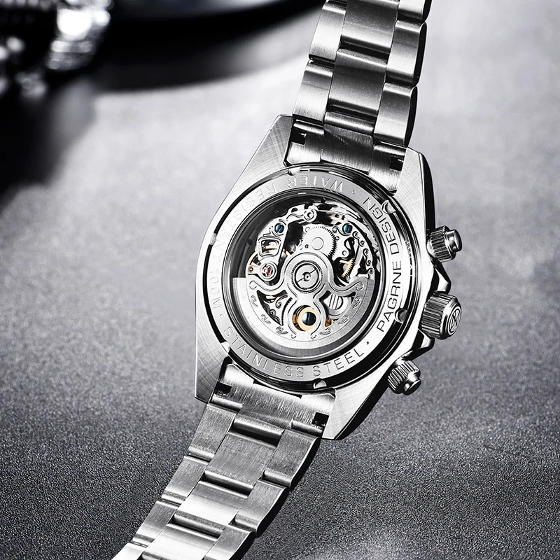 

PAGRNE DESIGN Luxury Diamond Ring Sapphire Glass Stainless Steel Mechanical Watch Men's Fashion Business Automatic Watch