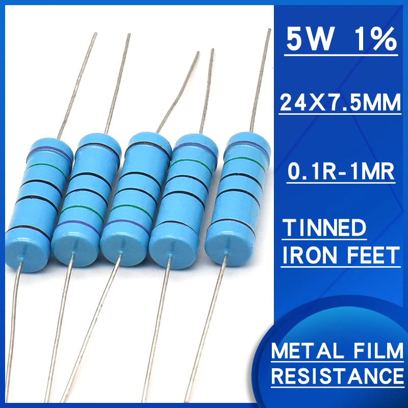 10pcs 5W 1% resistore a Film metallico 0.1R-1MR ohm resistenza DIP Watts5 Precision1 varie
