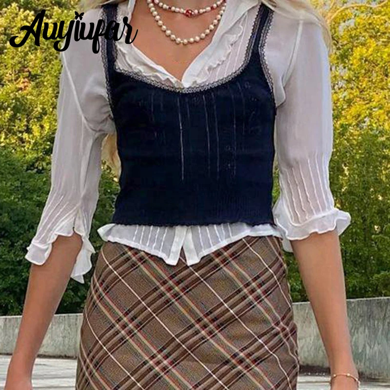 

Auyiufar Black Sexy Lace Fairy Grunge Knitted Camisoles Casual Y2k Patchwork Aesthetic Bodycon Crop Tops Women Elfcore Clothing