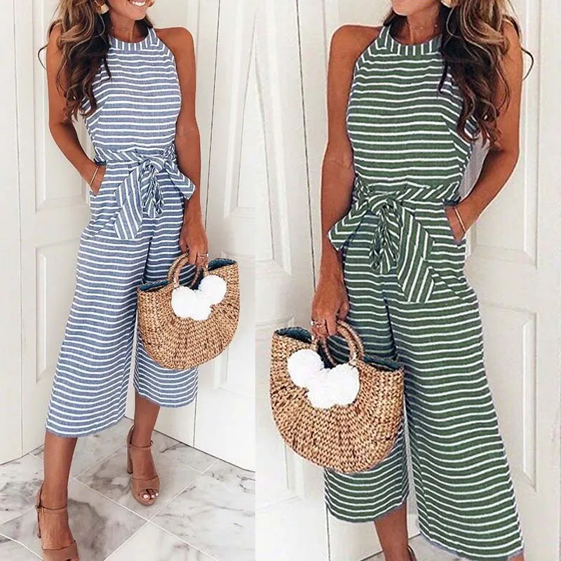 Женский полосатый комбинезон FIF66 Свободный с круглым вырезом без рукавов поясом