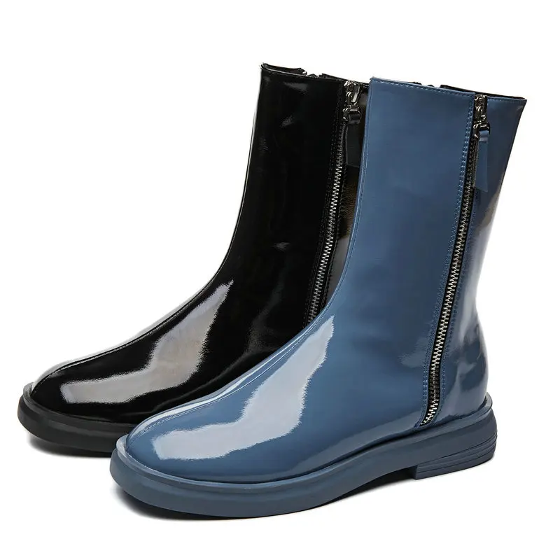 Женские ботинки из натуральной кожи Черные ботильоны на низком каблуке молнии с