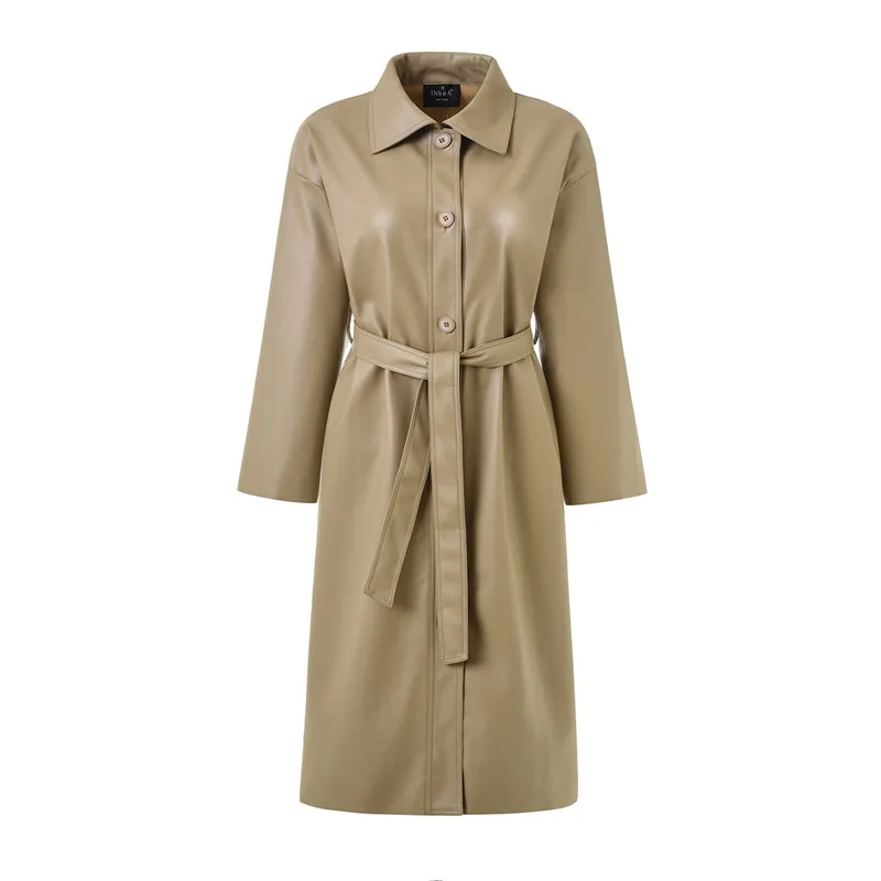 2021 New Autumn Women Loose Belt PU Leather Windbreaker Trench Coat Slim Spring Jacket enlarge