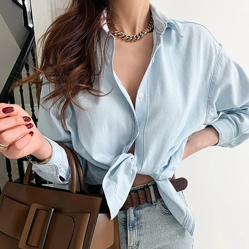 

Корейский Стиль шикарные весенние повседневные похудения Элегантный светильник-Цветной джинсовая рубашка нишу дизайн универсальная руба...