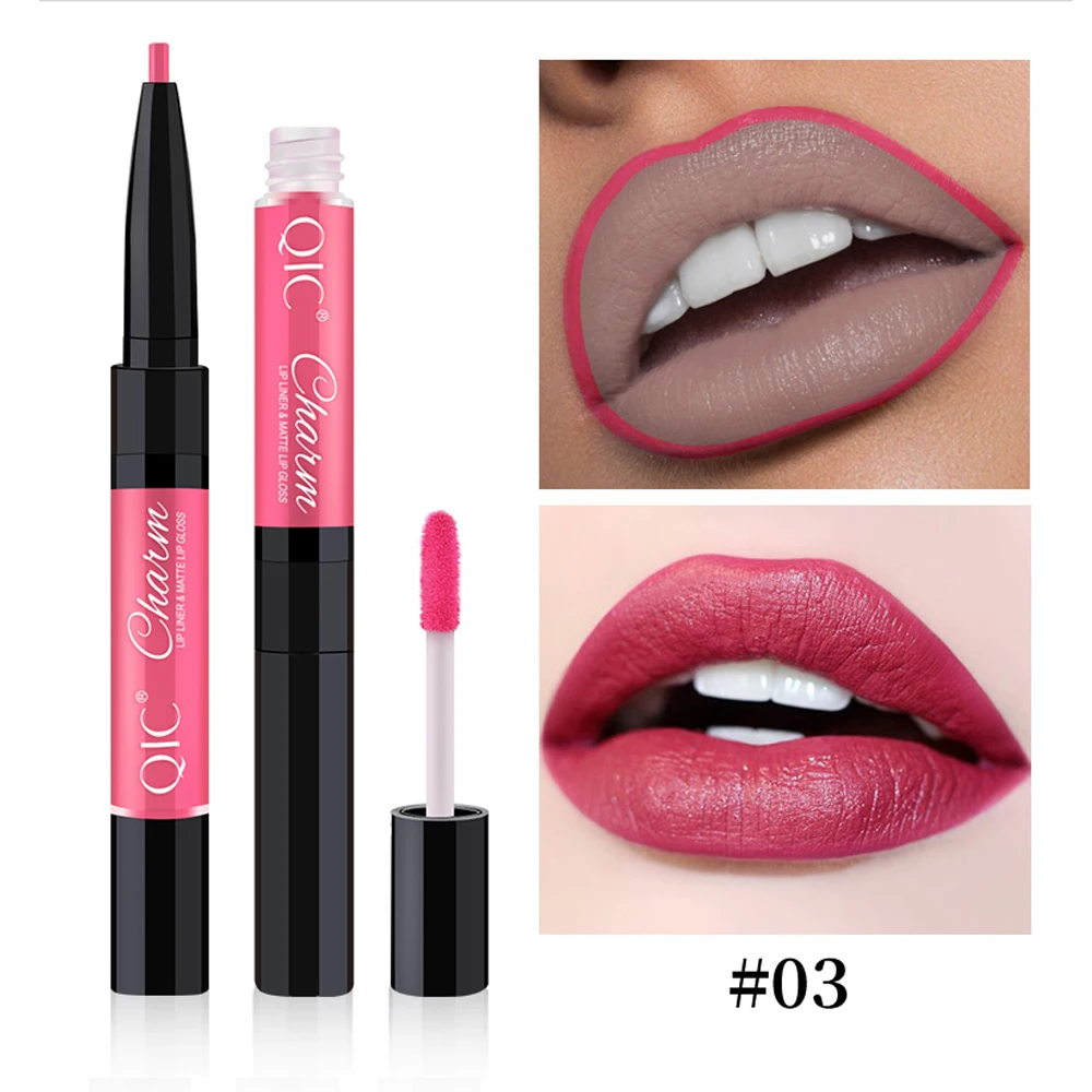 Двухсторонний блеск для губ 2 в 1 14 цветов лайнер-карандаш водостойкий стойкий