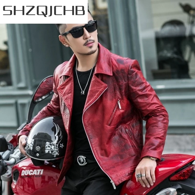 

JCHB 2021 New Mens Luxury Sheepskin Genuine Leather Jacket Slim Fit Motorcycle Leather Jacket Men Punk Designer Red Outwear Coa