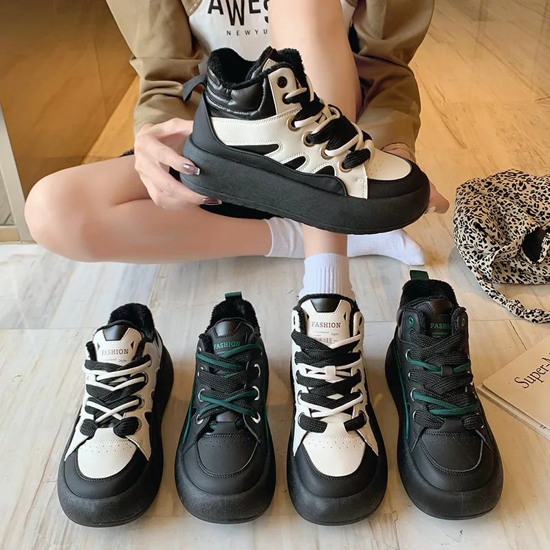 

2022 Women Sneakers Winter Boots Keep Warm Fashion Mix-Color Plateform Shoes Ladies Lace-up Casual Shoes Flats Light Couple