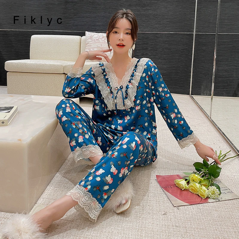 

Fiklyc Female Flower Print Hedging Pajamas Sets With Lace Cut Sleeve Trousers Fashion Womens Home Clothes Satin Nightwear