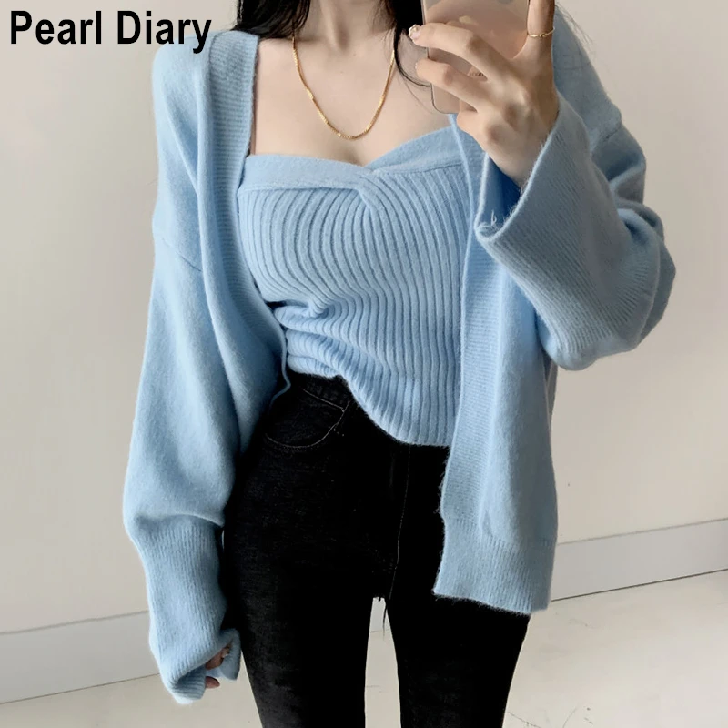 

Autumn Winter Sweater Cardigan with Strapless Tops Korean Fashion Loose Long Sleeve Knitted Coat Women Elegant Two Piece Set