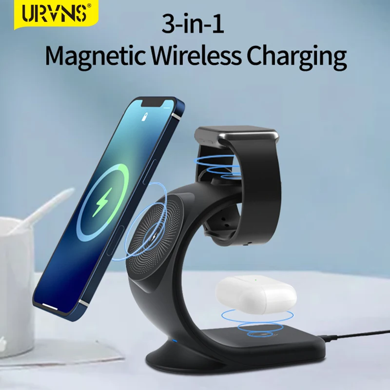 

Портативная Магнитная Беспроводная зарядная подставка URVNS 15 Вт для iPhone 12 Pro Max, зарядная станция для часов 6 5 4 3 2 AirPods