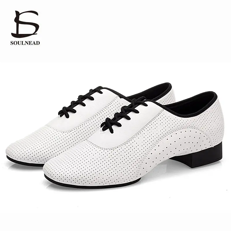 White Mens Ballroom Dance Shoes 3cm Heel Latin Dance Shoes for Men Genuine Leather Modern Soft Sole Jazz Salsa Dancing Shoe Male