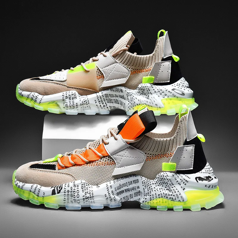 

Color matching casual sneakers gray daily breathable flying woven low-top socks shoes men's thick-soled old shoes