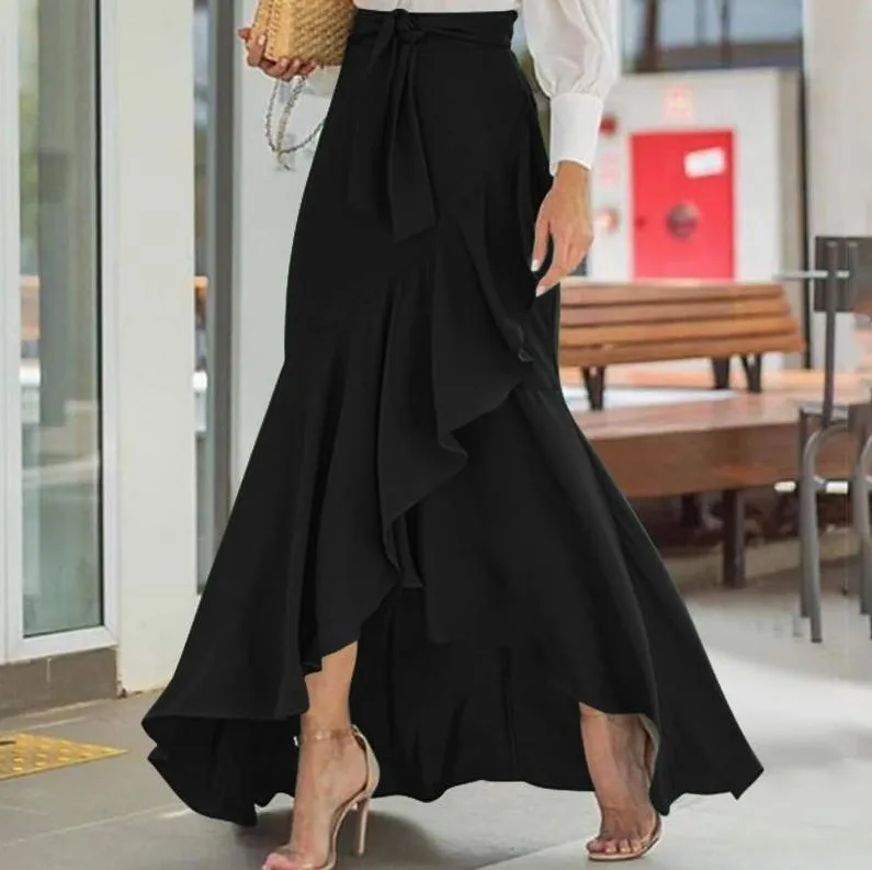 

Summer Women Fishtail Skirts Fashion Party Maxi Skirt Celmia Summer High Waist Belted Casual Loose Asymmetrical Ruffles Skirts