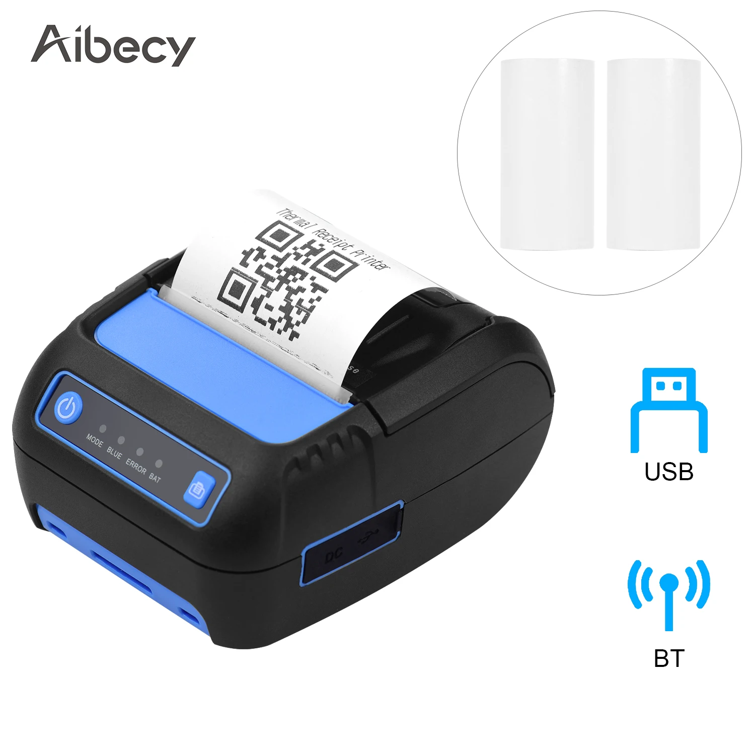 Aibecy портативный 58 мм Термопринтер принтер штрих кодов USB BT соединение