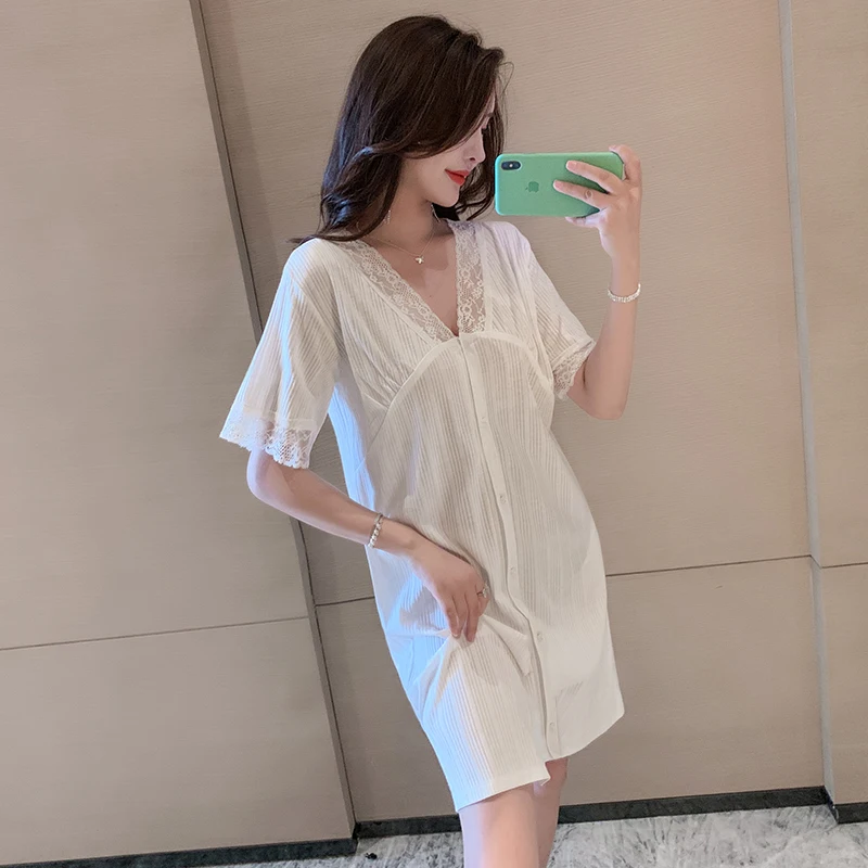 Pajamas Nightdress Women's Summer Short-Sleeved Cotton Thin New Cardigan Cute Princess Style Home Wear sleeping dress