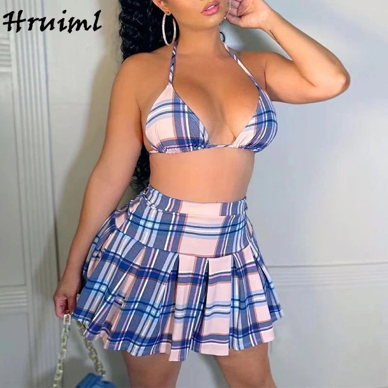 

Dropshipping Women's Suit Tube Top Mini Skirt Plaid Print Ruched Sexy Dress Set Backless Lace-up Fashion Evening Swimsuit Women