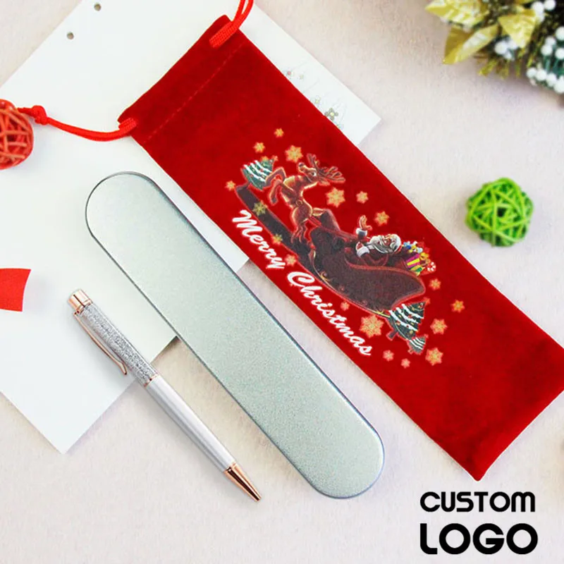 1Set Custom LOGO Gold Foil Ballpoint Pen Pen Case Christmas Pen Bag Christmas New Year Kids Gift Office Stationery Engraved Name
