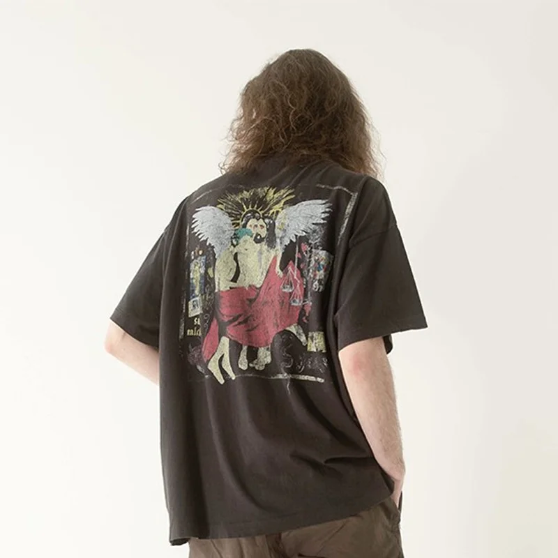 

Винтажная Футболка бренда High Street с принтом святого Михаила и Иисуса, футболка большого размера, уличная одежда Y2k, мужская и женская футболк...