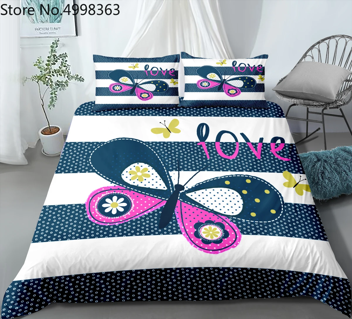 Комплект постельного белья с бабочками для девочек розовый желтый Бабочка