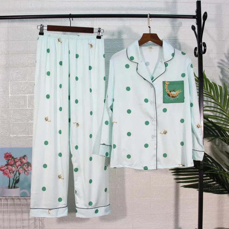 

Women Spring Pajamas Set Polka Dot 2PCS Sleepwear Long Sleeve Shirt&Pants Casual Sleep Set Female Loose Pyjamas Suit Home Wear