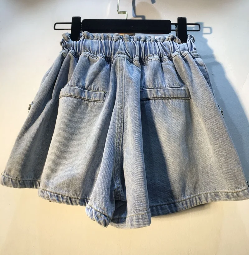 

2021 Summer European New Edge Diamond Beaded High Waist Slimming Wide-Leg Denim Shorts Women 'S Pants