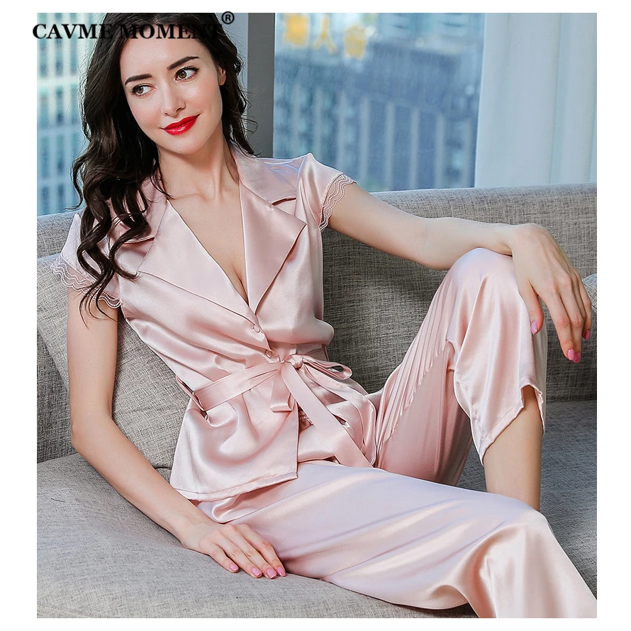 CAVME 100% Silk Pajama Sets for Women Luxury Sleepwear Short Sleeve Pants 2 pieces Pajama Solid Color PLUS SIZE