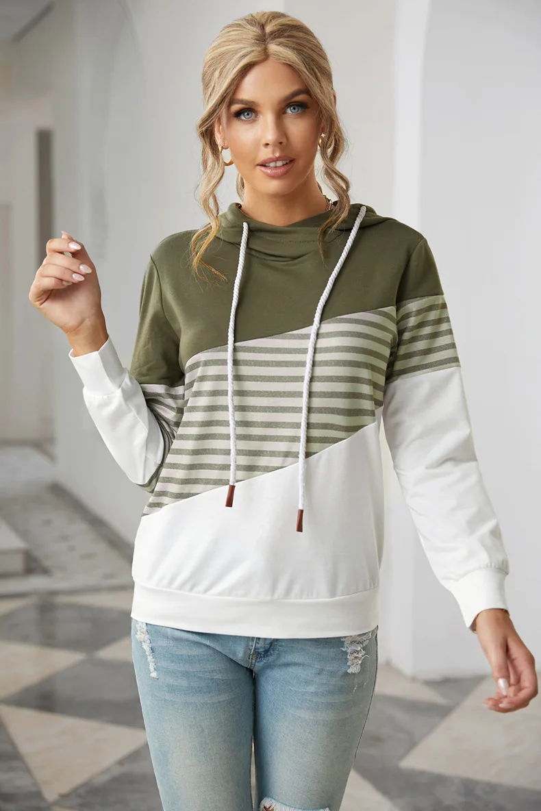 

Donsignet Fashion Women's Hoodie New Summer Casual Hot Sale Hooded Collar Pullover Stripe Stitching Knitted Long-sleeved Hoodie