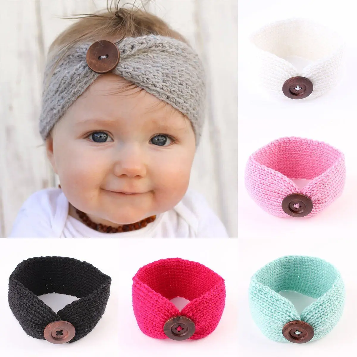 

Cute Baby Toddler Crochet Knitted Headwrap Headband with button Winter Warmer Turban Hair Band for kids Girls Accessories