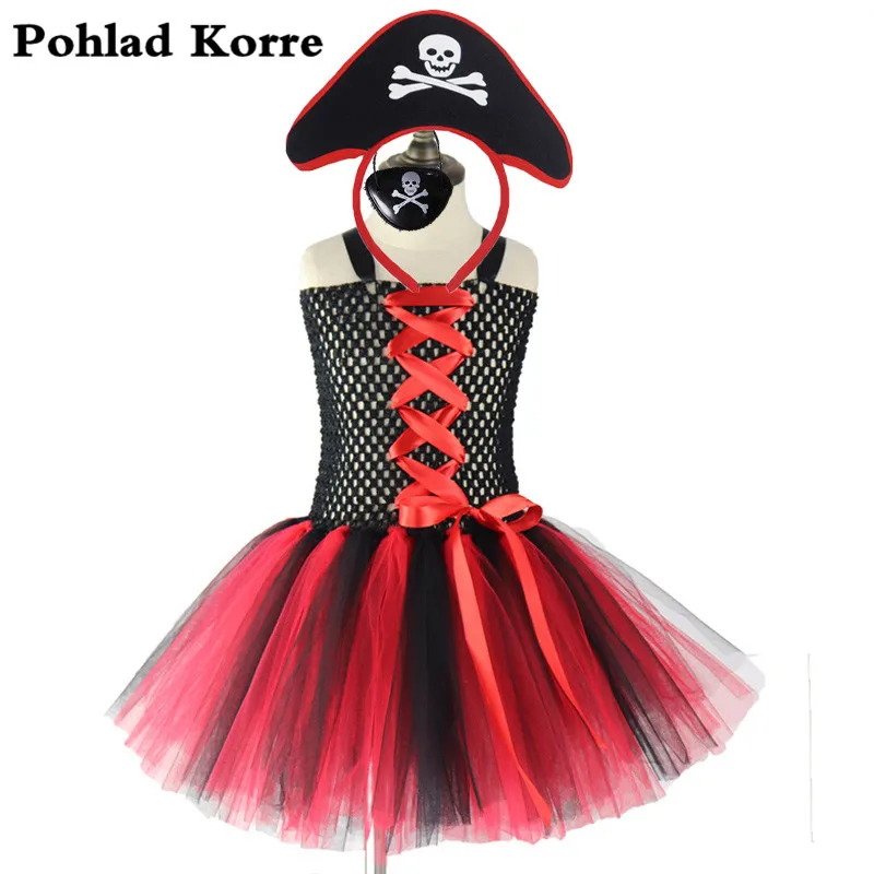 

3Pcs Set Black Red Children Disfraz Skull Pirate Halloween Costume For Kids Pirate Girls Tutu Dress Cosplay Party Dresses XX059
