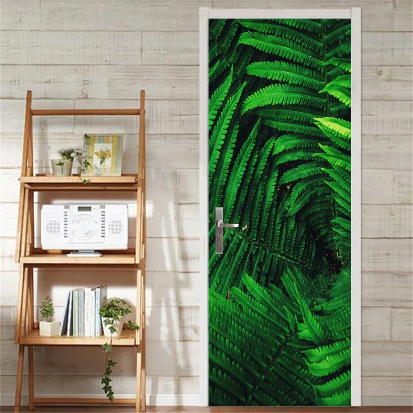 

Наклейка на дверь с зелеными листьями, настенные 3D обои для гостиной, «сделай сам», дверные наклейки из ПВХ, виниловые дверные обои, домашнее...