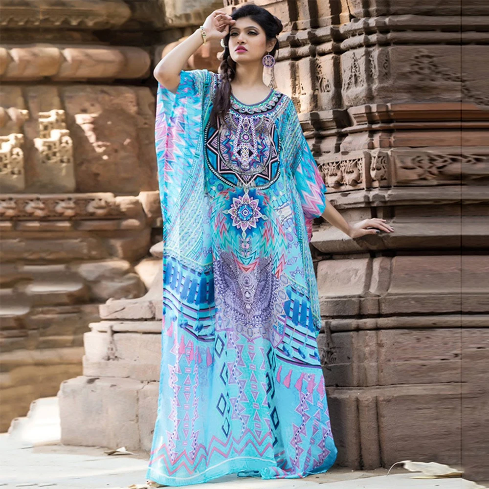 Oversize Cotton Print Beach Dress Kaftan Cover Up Pareos De Playa Mujer Beachwear Female Boho Batwing Sleeve Ethnic Maxi Robe | Женская