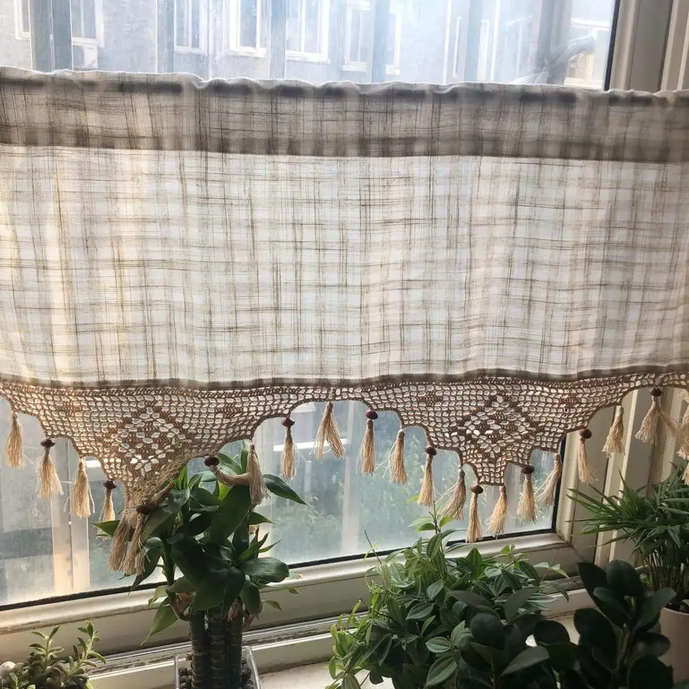 Бежевая клетчатая хлопково-Льняная декоративная Короткая занавеска с