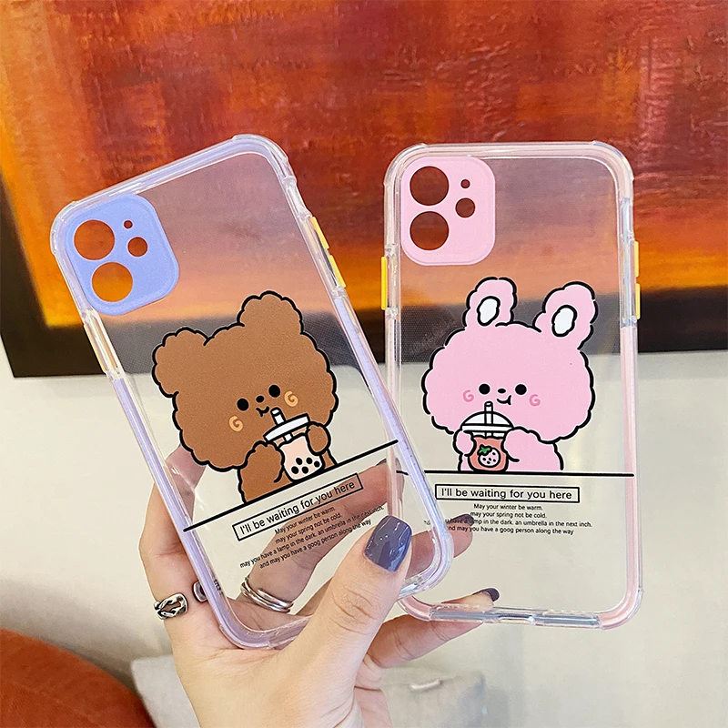

Cute Cartoon Bear Rabbit Drink Milk Tea Soft TPU Phone Case for IPhone 12 Pro Max Mini 11 Pro XR XS MAX 8 X 7 Plus Case