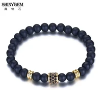 shinygem 77mm charm frosted black agate bracelets elastic rope adjustable semi precious gem inlay zircon bracelets for women