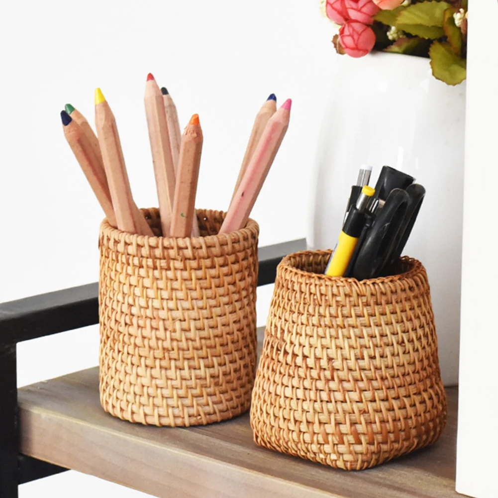 

Manual Rattan Handwoven Makeup Brush Organizer Pen Holder Brush Multi-Purpose Home Office Desk Storage Basket Box Organizer