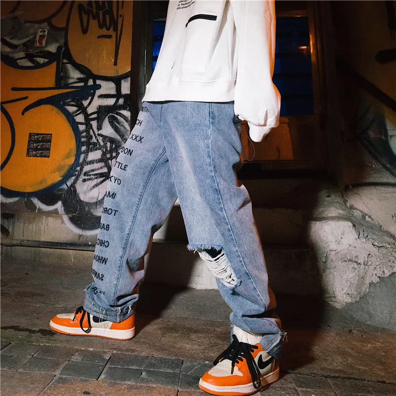 UNCLEDONJM рваные джинсы для мужчин с буквенным принтом джинсовые штаны стрейчевые
