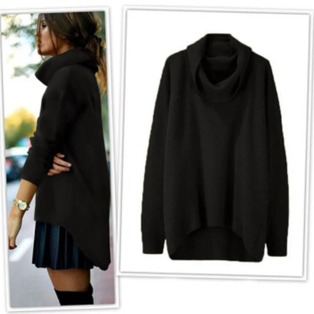 Модный женский свитер однотонный высокий воротник асимметричный подол длинный