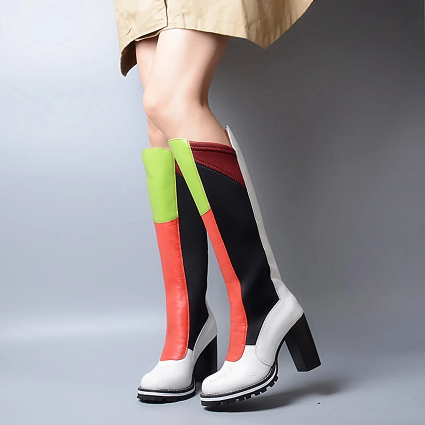 Koop Prova Perfetto Europese Mode Echt Leer Gemengde Kleur Stretch Knie Hoge Laarzen Vrouwen Vierkante Teen Lange Laarzen Winter