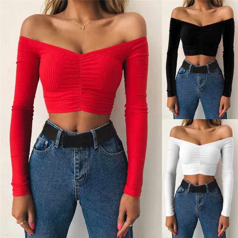 

2019 New Women Tops Wear New Sexy Off Shoulder Long Sleeves Slim T-shirt Fashion Female Bodycon Short Pullover Tees Hot Sale