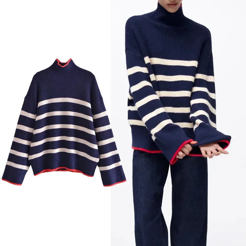 

TRAF Za 2021 Women Sweater Casual Fashion New Stripe Knitting Sweater Woman Vintage High Collar Female Pullovers Tops