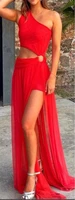 verngo one shoulder red silk chiffon long prom dresses cut out waist side slit floor length evening gowns simple party dress