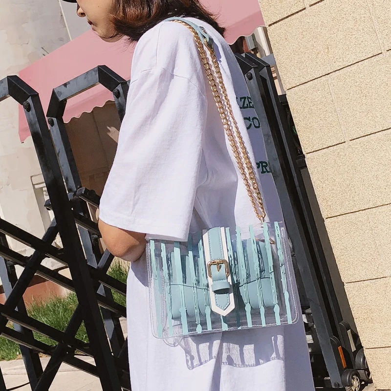 

Transparent Female bag 2019 New Handbag Quality PVC Stripe Transparent Women bag Sweet Jelly bag Chain Shoulder Messenger Bag