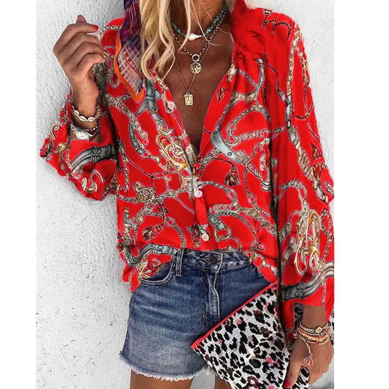 

Plus Size Women Blouse V-neck Long Sleeve Chains Print Loose 2021 New Design casual Shirts Womens Tops And Blouses