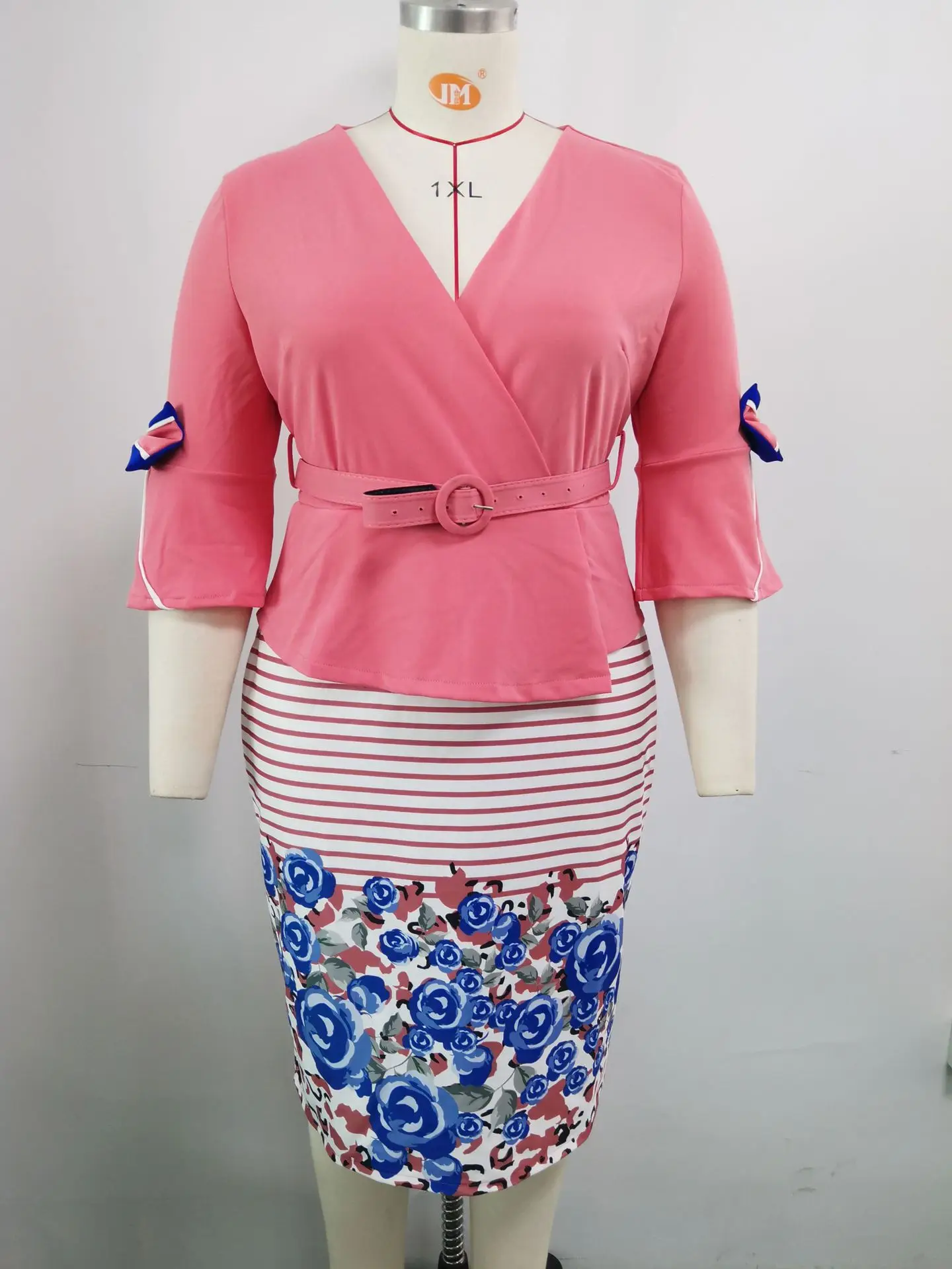 

African Clothes Plus Size Floral Print Office Midi Dresses for Women 4XL 5XL V-neck Three Quarter Sleeve Fashion Office Dress