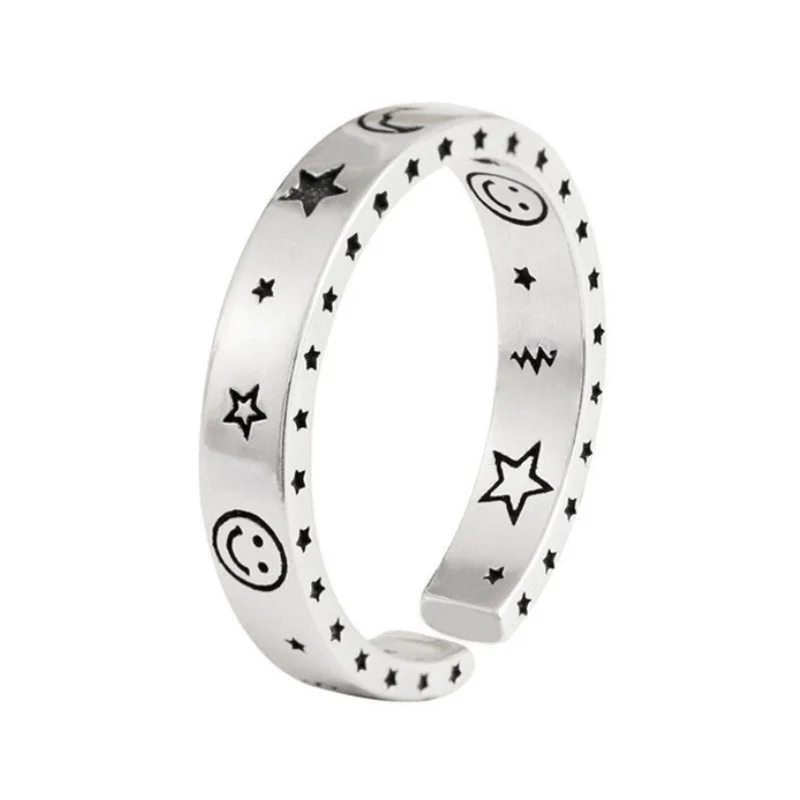 

Stars and moon rings women's sterling silver fashion trend retro bungee open index finger ring simple ins wind ring wholesale