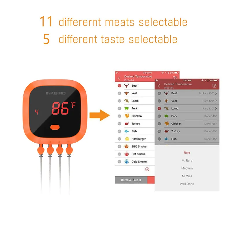 Inkbird IBT-4XC Водонепроницаемый Bluetooth термометр для мяса барбекю с 4 зондами термометр для гриля с сигнализацией кухонная плита