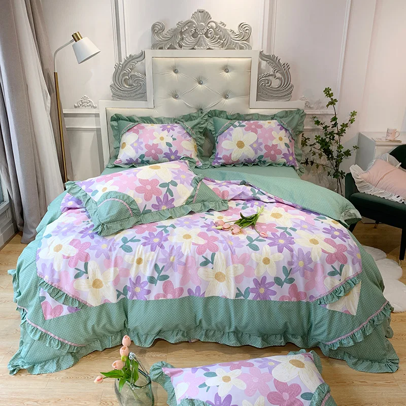 

Комплект постельного белья из чистого хлопка, кружево в виде листьев лотоса, в стиле принцессы, из четырех частей из хлопка, с цветочным орна...