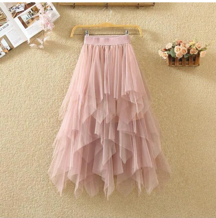 Women Sweet Midi Spring And Summer High Waist Solid Asymmetrical Elegant Chic White Mesh Tulle Skirts Faldas