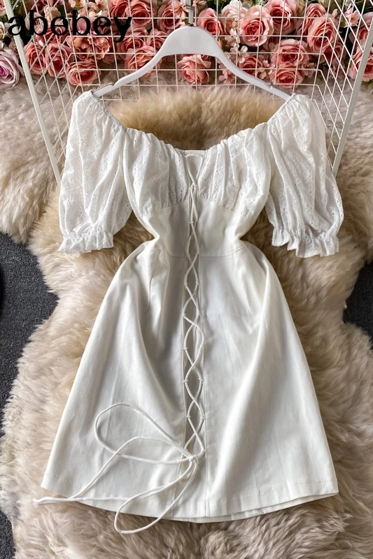 

2021 Cross Bandage Bohemian slash neck Short Sleeve Femme Dresses white A LIne Vintage Sexy Party Dress Club Wear Vestidos