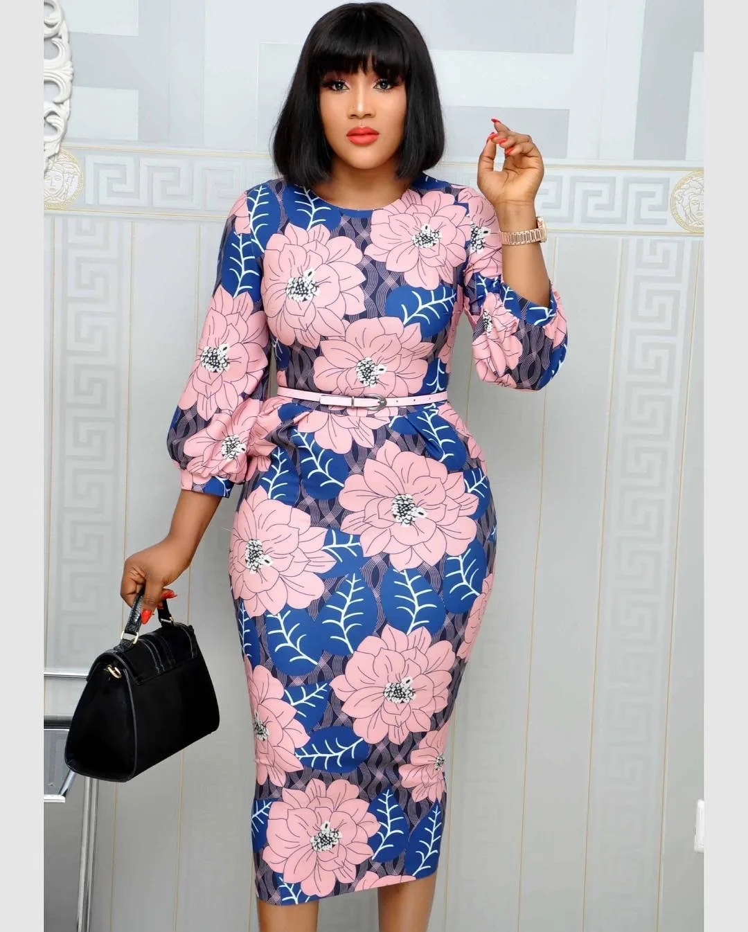 

Women Sexy Floral Dress Three Quarter Sleeves Midi Office Ladies Work Wear Elegant Festival Tunics Vestidos African Female Robes